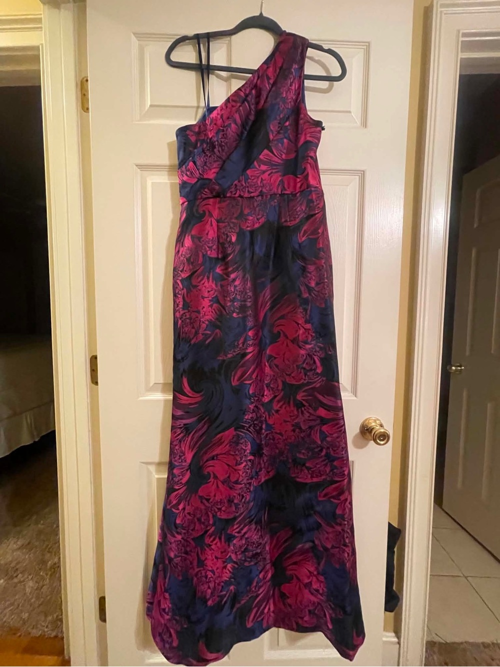 Adriana Papell One-Shoulder Floral Print formal Dress in Fuchsia and Navy